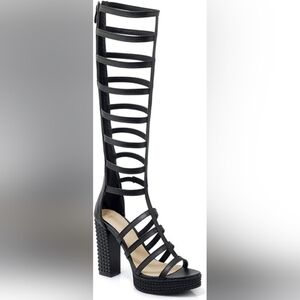 NEW Gladiator Knee-High Caged High Heel Sandals (Black) - QSCQ